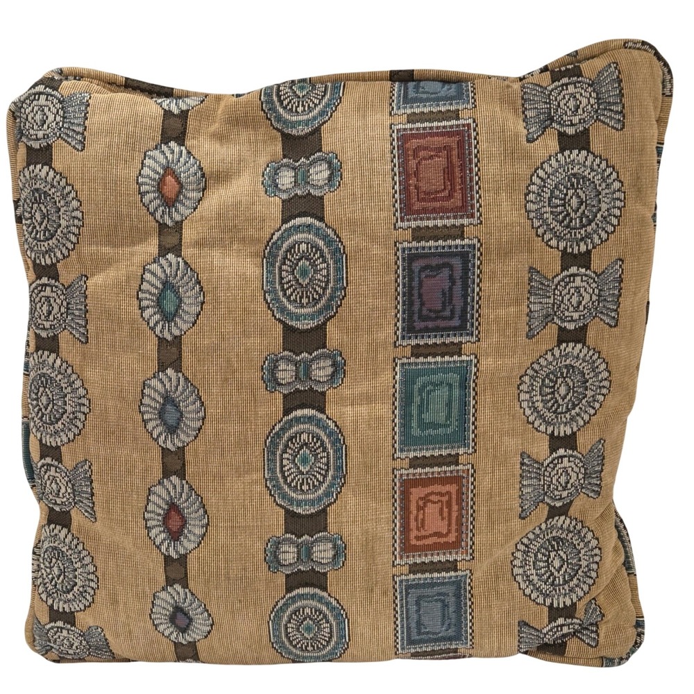 Vintage Western Woven Tapestry Throw Pillow Tan turquoiseGeometric Medallion